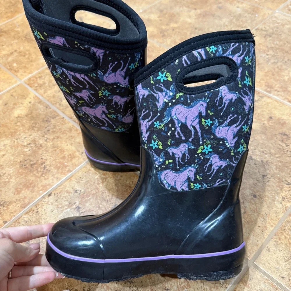 Bogs Kids Classic II Unicorn Insulated Black Lilas Winter Boots Sz 3 Youth Snow